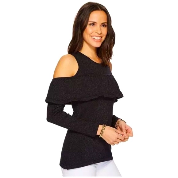 NWT Lilly Pulitzer Burke Sweater Cold Shoulder Ruffle Onyx Metallic Black - Picture 3 of 9